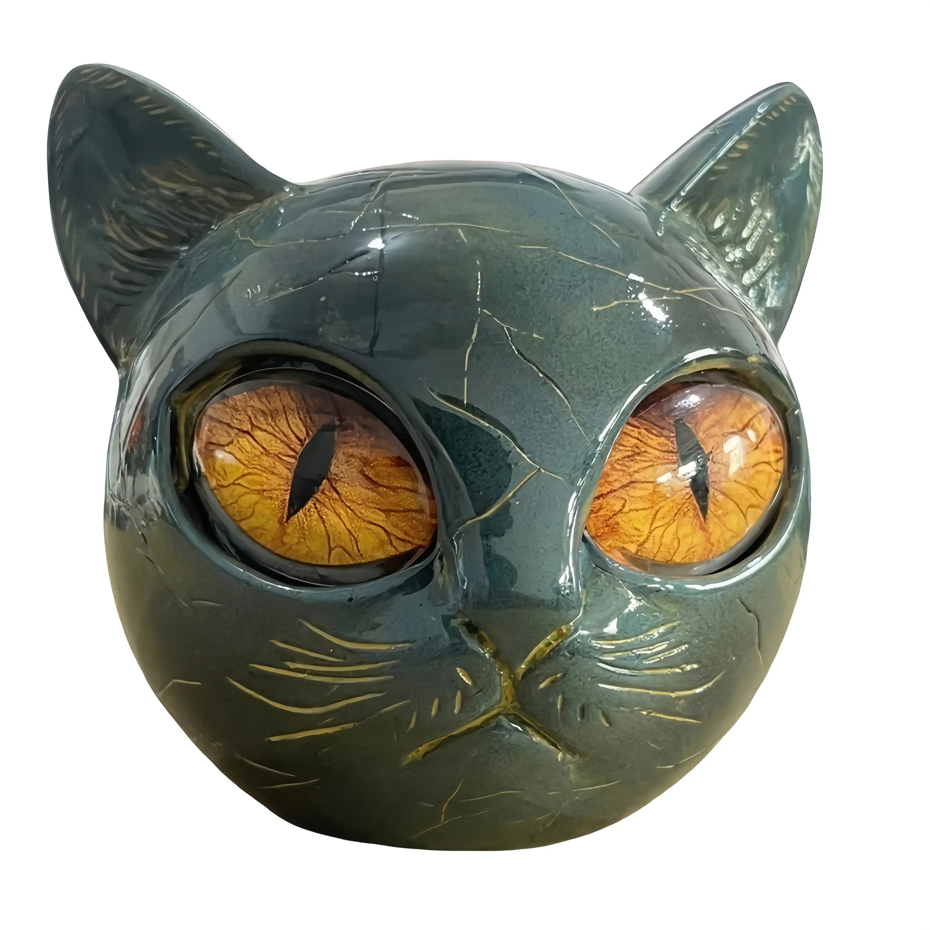 Cat Head Statue - Elegant Marble-like Glossy Resin Sculpture with Golden Eyes & Black Marble Texture,Desktop Decor for Home/Offi