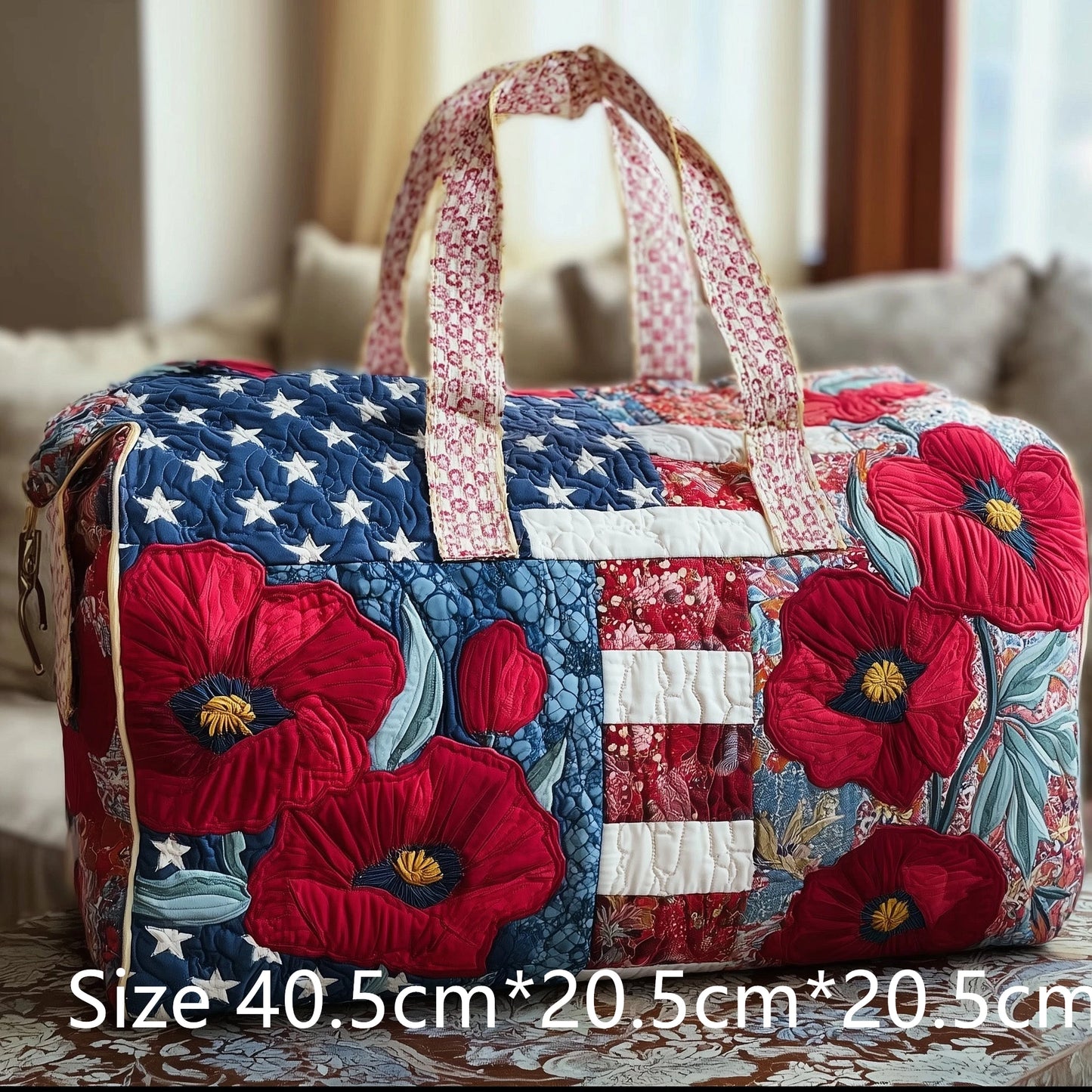Women Vintage Patriotic Stars Stripes Quilted Duffel Bag Handmade 3D Rose Cardinals Print Weekender Bag Travel Gym Overnight Bag