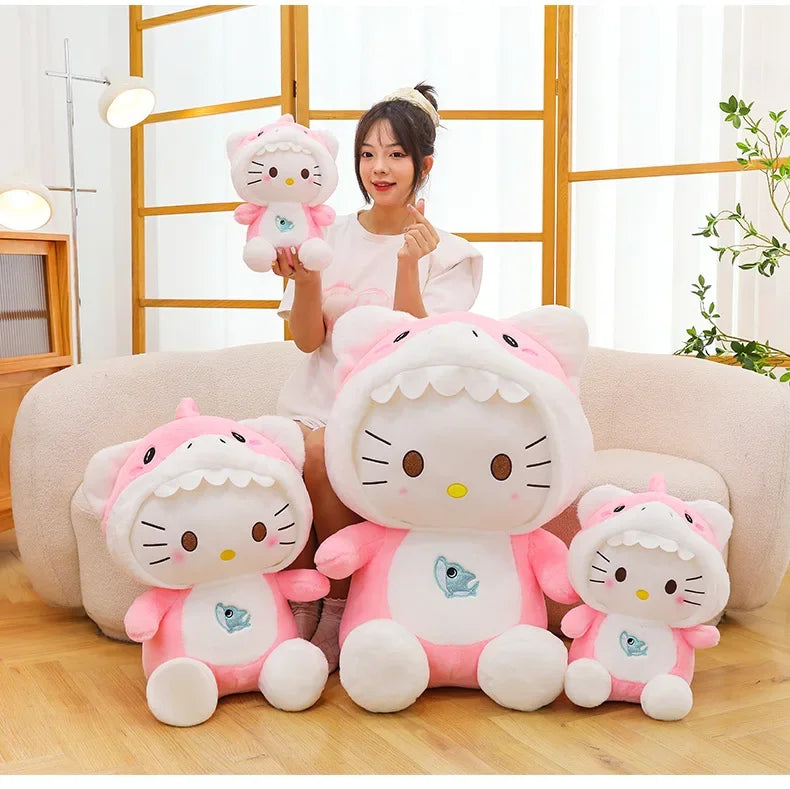 60cm Sanrio Shark Hello Kitty Cat Plush Toys Cartoon KT Cat Plushie Doll Soft Stuffed Anime Pillow Birthday Gifts for Kids Girls