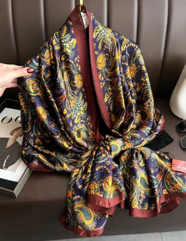 Cashew Nut Printed Silk Scarf, Rectangular, Satin Simulated Casual Headscarf, Travel Sunscreen Head