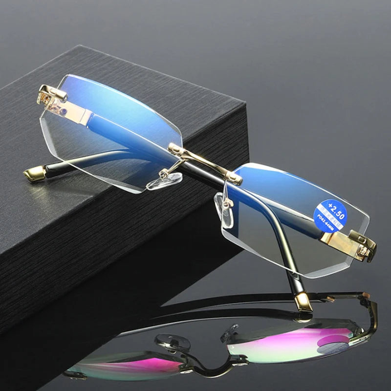 Rimless Dimond Cut Reading Glasses Men's Anti Blue Light Old Glasses Business Style