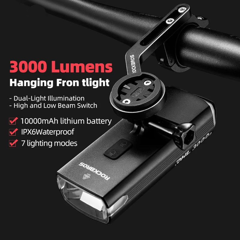 3000LM Bike Light 10000mAH Flashlight High-Low Beam Bicycle Front Light Powerbank Waterproof MTB Road Cycling Headlight