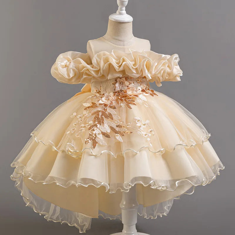 Luxury Off-Shoulder Gown with Train for Girls  Tulle Dress for Fashion Walk Show & Pageants