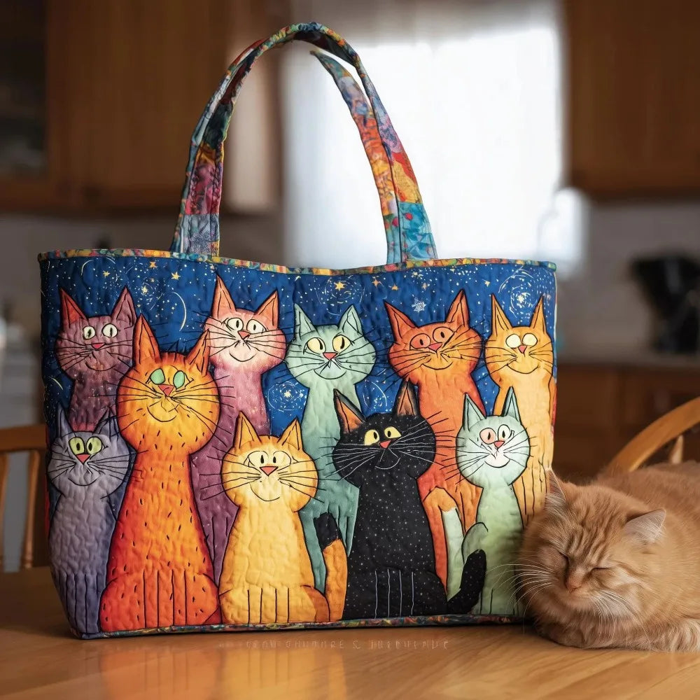 Cat Print Quilted Cotton Tote Bag Large Capacity Travel Shopping Handbag