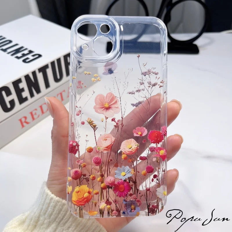 Transparent Flower Floral Phone Case For iPhone 16 15 13 14 12 11 Pro Max 15 16 Plus  XR Max 12 13 Mini Clear Soft Funda Cover