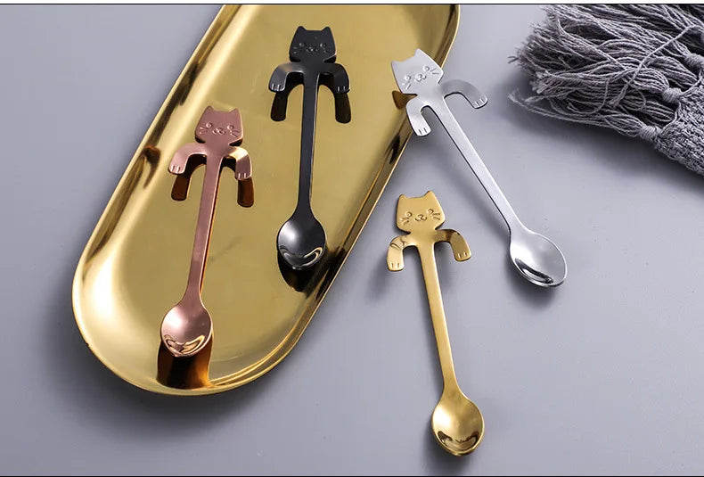 304 Stainless Steel Coffee Spoon Lovely Cute Cat Shape Teaspoon Dessert Snack Scoop Ice Cream Mini Spoons Kitchen ToolsTableware