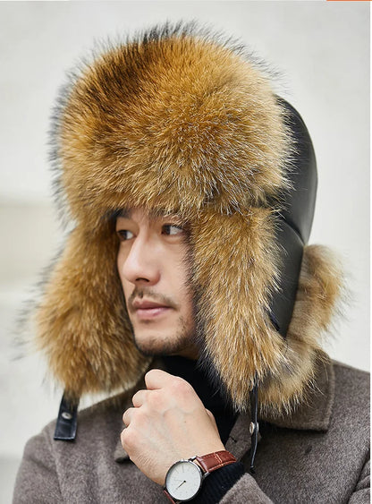 Fox Fur Cap Man Winter Genuine 100% Fur Bomber Hat Windproof Warm Earmuffs Male Flat Grey/Black Russian Hat Fitted Casquette