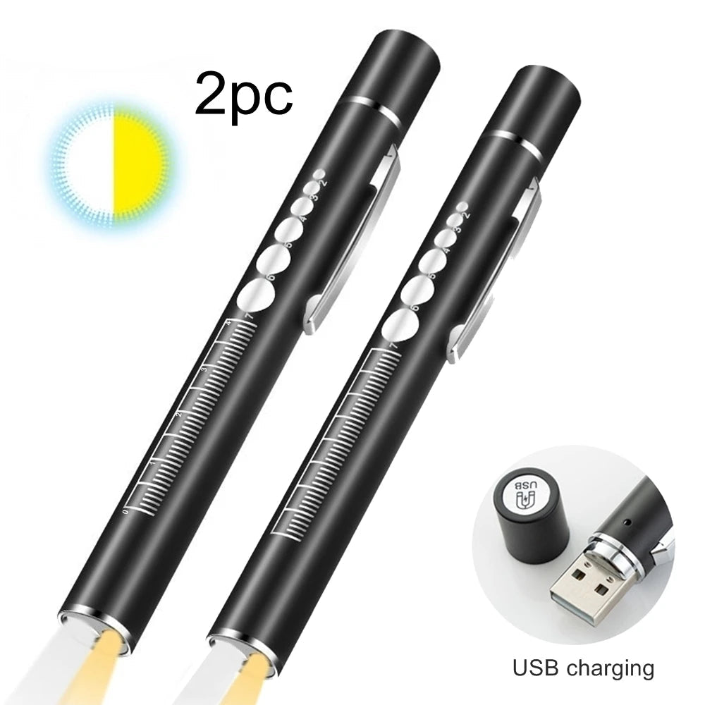 2 Pack 2 In 1 White Yellow Rechargeable Mini Pen Light Flashlight