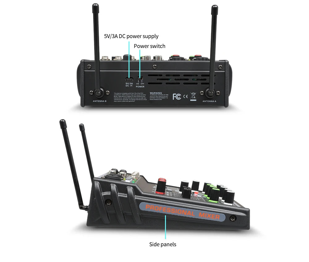 DGNOG Dual UHF Wireless Microphone DJ Audio Mixer 4 Channel Mixer Karaoke Mixer USB Bluetooth for Computer Recording Studio