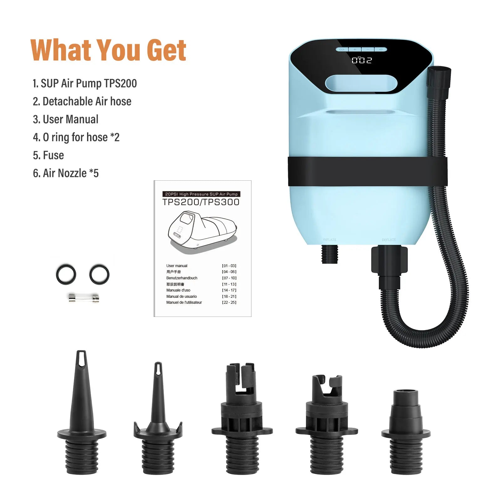 SUP Pump for Inflatable Boats Kayak 20PSI Dual Stage Corded Stand Up Paddle Board Surfing Board with Nozzles No Battery