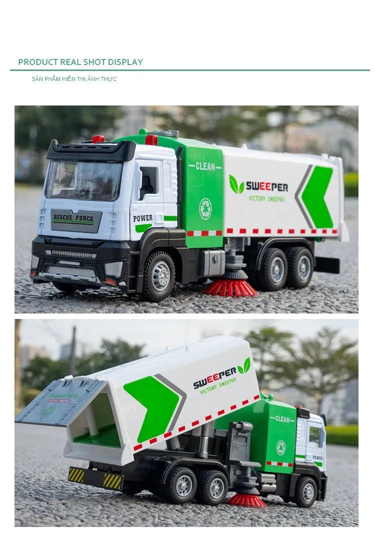 1:32 Water Spray Fog Fire Truck Model Sweeper Toy Car Sound Light Pull Back Doors Opened Vehicles Collection  Gifts