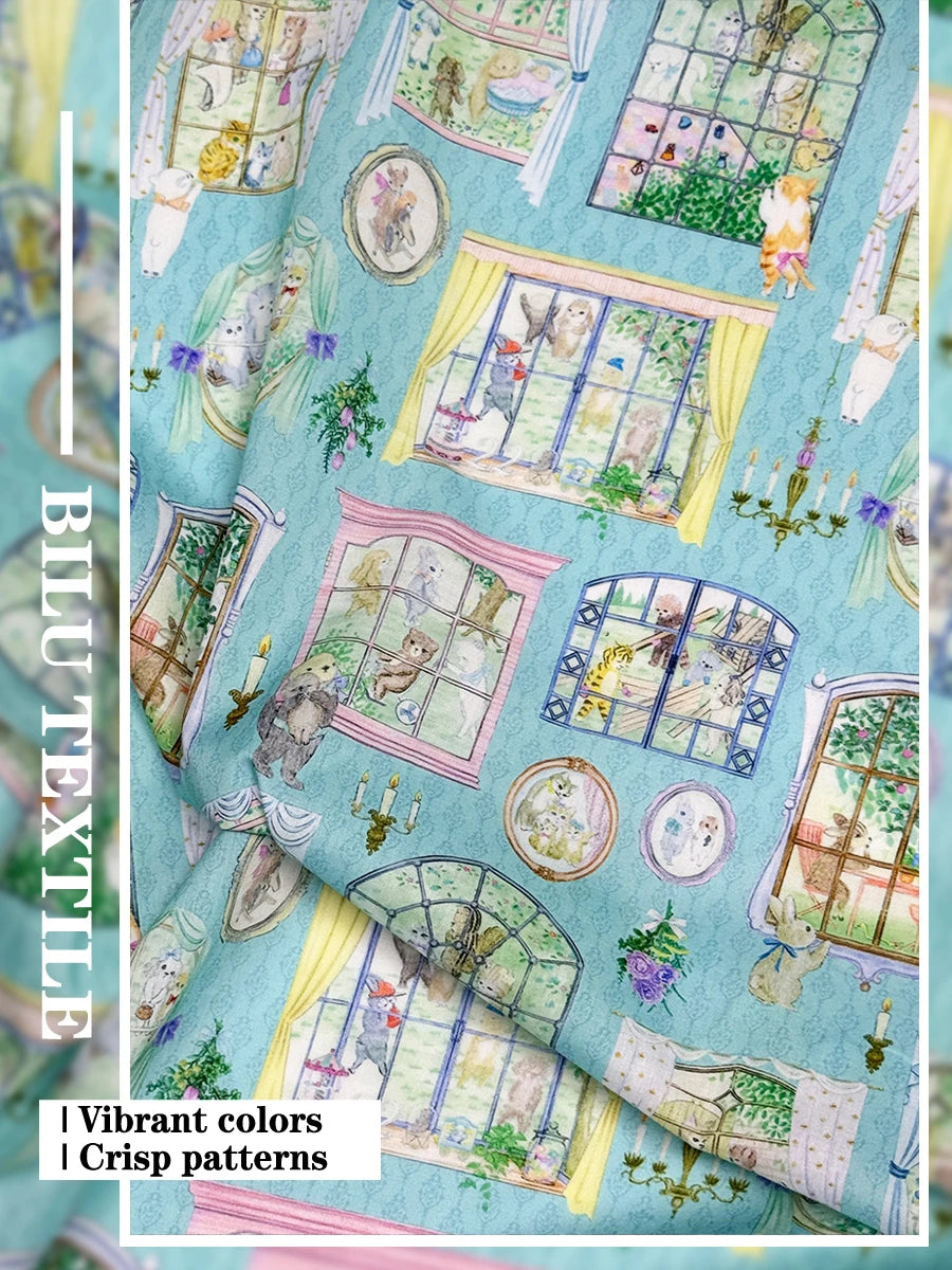 100% cotton Hokkoh-Movie studio Blue tana lawn fabric 80s Poplin printing Sewing fabric Making Dress Clothing Handmade DIY Cloth