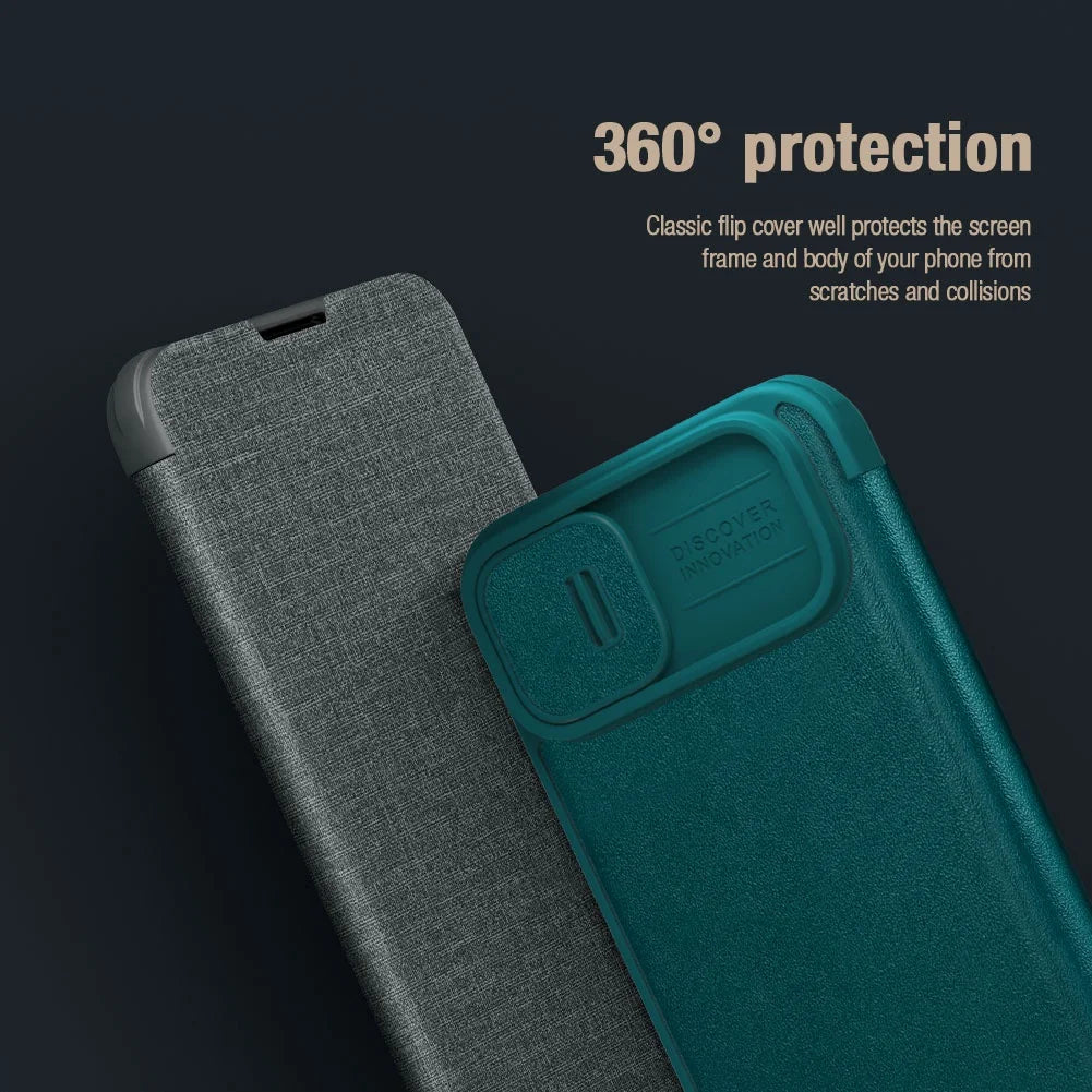 QIN Pro Plain Leather Cloth Case For iPhone 15 Flip Case Shockproof Camera Slider Protection Cover With Card Holder