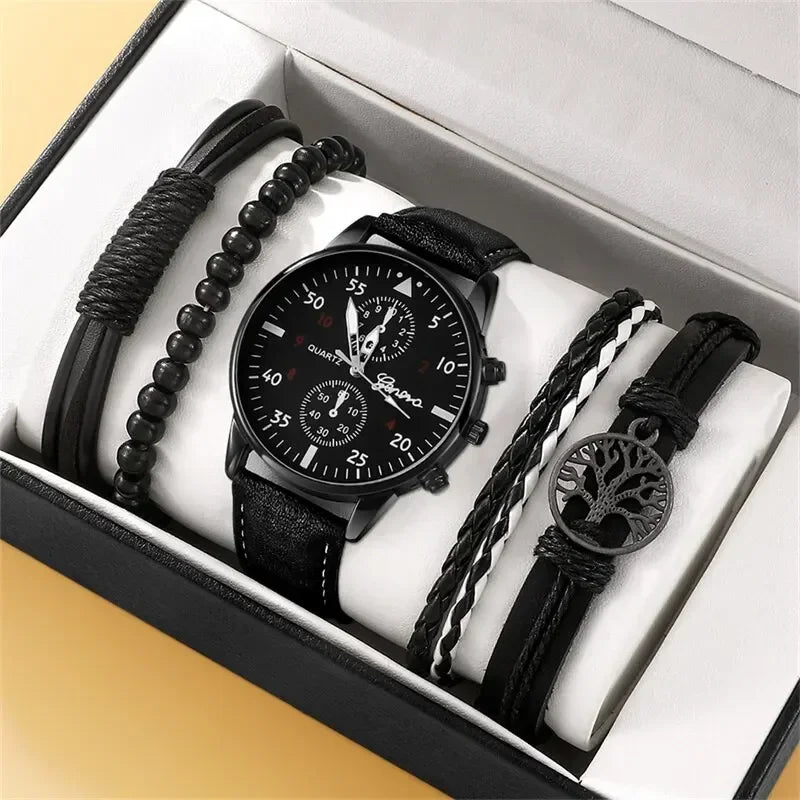 Luxury Minimalist Watch Bracelet Set Business Brown Leather Quartz Wrist Watches for Men