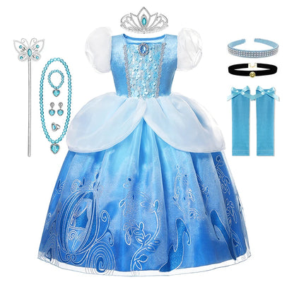 LED Light Up Girls Disney Cinderella Princess Cosplay Dress Kids Ball Gown Sequin Carnival Mesh Clothing for Birthday Christmas