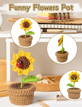 4 Pcs Positive Energy Cucumber with Sunflower Pot Kit Home Room Decor Funny Handmade Knitted Potatoes Wool Doll Christmas Gifts