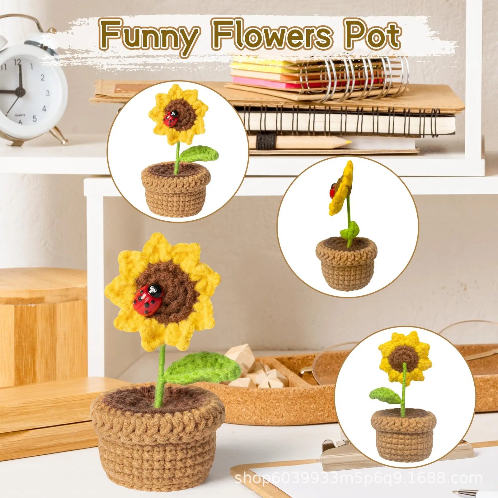 4 Pcs Positive Energy Cucumber with Sunflower Pot Kit Home Room Decor Funny Handmade Knitted Potatoes Wool Doll Christmas Gifts