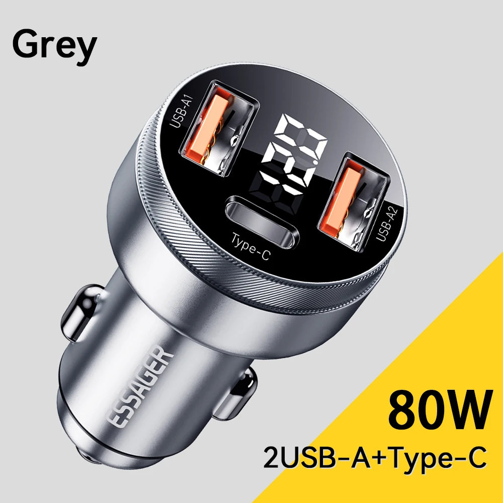 80W USB C Car Charger PD 3.0 QC 4.0 Fast Charging 3 Port Adapter with Digital Display