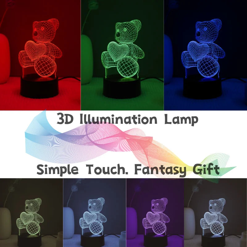 Romantic Love Dream Bear Kids 3D Night Light Touch Bedside Lantern USB Wireless Desktop Acrylic LED Decorative Table Lamp