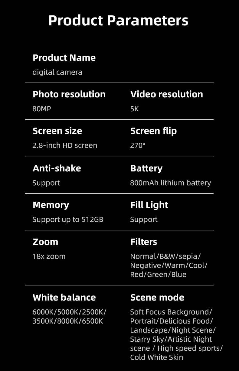 5K 80MP Digital Camera with 6-Axis Stabilization, 270° Flip Screen & 18X Zoom for Vlogging Photography