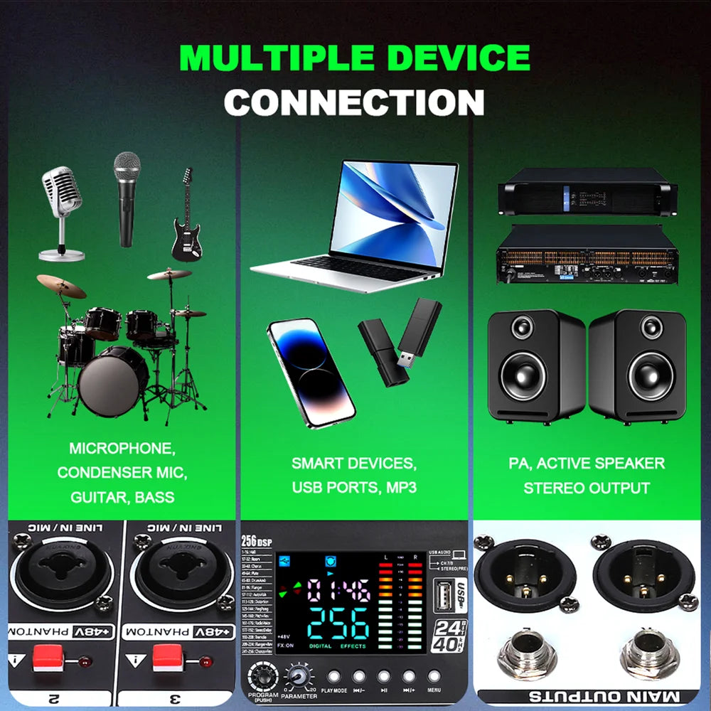 Professional 8 Channel Audio Mixer Console with USB Bluetooth and 256 DSP Effects