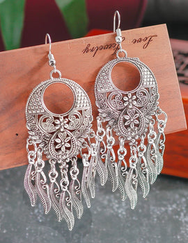 Vintage Tibet Silver Color Big Statement Hollow Carved Flowers Geometric Patterns Leaves Tassel Drop Earrings