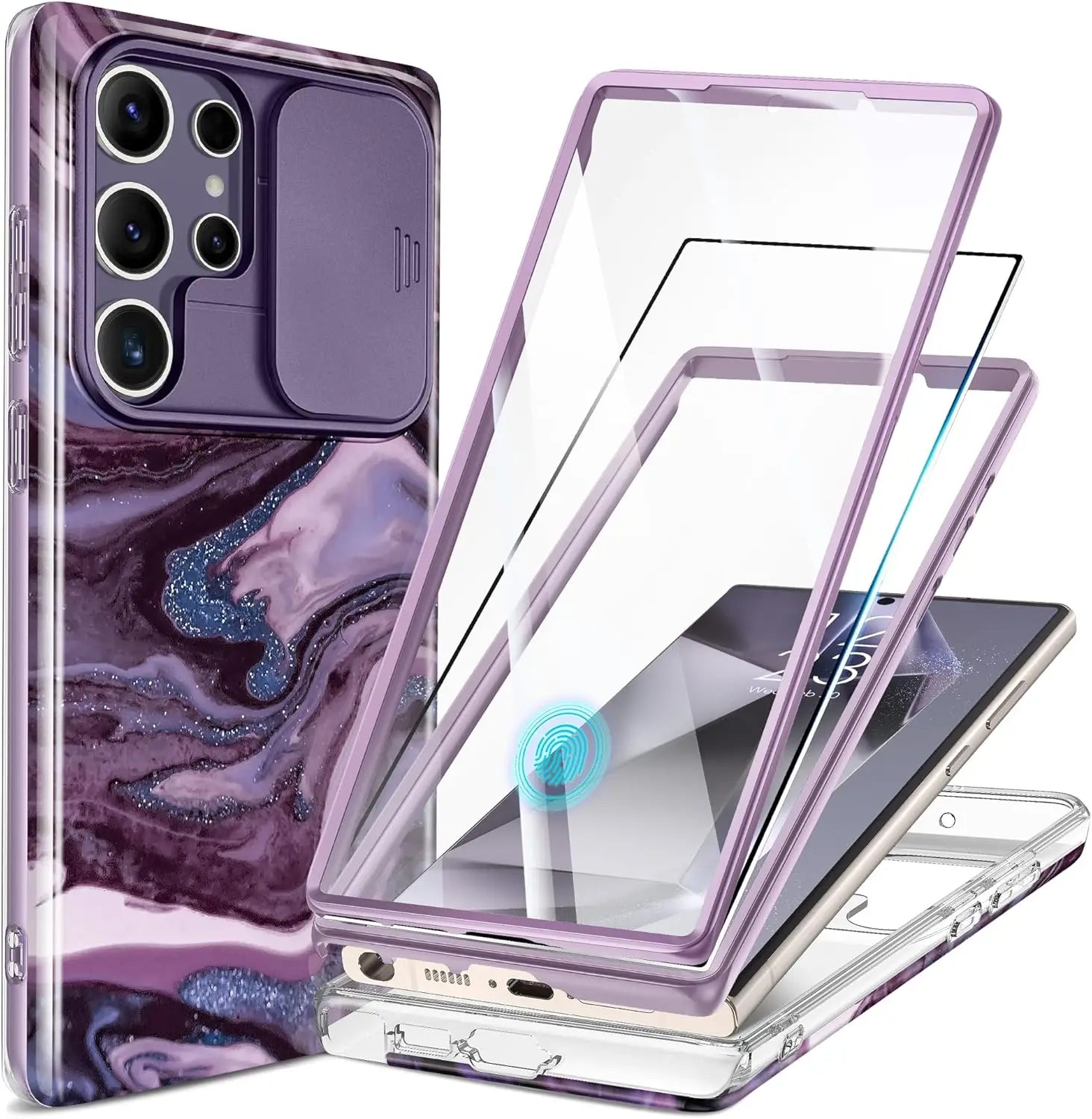 For Samsung Galaxy S24 Ultra Case with 2 Front Frames Slide Camera Lens Protection Heavy Duty Shockproof Marble Phone Case Cover