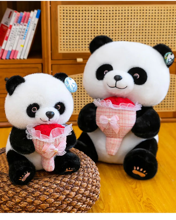 Kawaii Stuffed Doll Cute Panda Plush Toy with Flower Bouquet for Anime Lovers Kids Birthday Gift Stuffed Animal Gift for