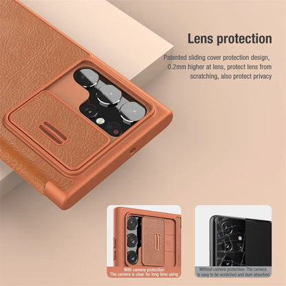 QIN Pro PU Leather Case For Samsung S22 Ultra Plus Flip Camera Slider 360° All-inclusive Shockproof Phone Cover