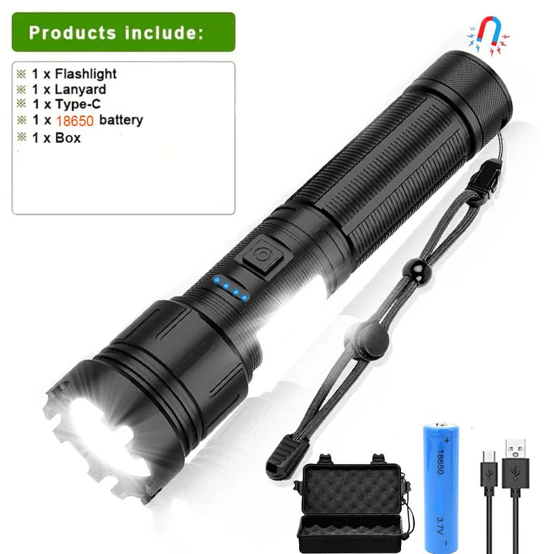 Rechargeable LED Flashlight With Magnetic Base Zoom And Power Display