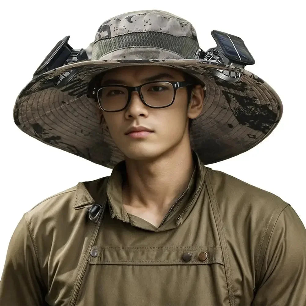 Wide Brim Solar Fan Hat With Dual Fans