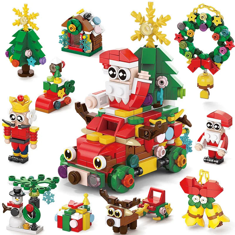 DIY 8in1 Lights Christmas Elk Deer Santa Claus Train Architecture Store Street View Xmas Tree Snow House Building Block Kit Toy