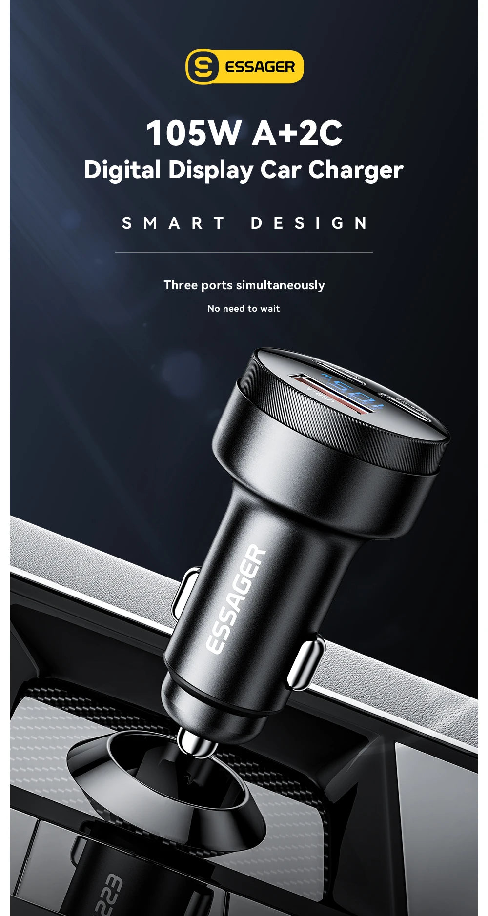 105W USB C Car Charger 3 Port PD 3.0 QC 4.0 Fast Charging GaN Adapter with Digital Display