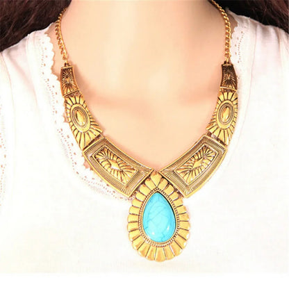 Girls Jasmine Dress Up Jewelry Aladdin Cosplay Metal Exaggerated Droplet Tnecklace with Retro Turquoise Pattern Collarbone Chain