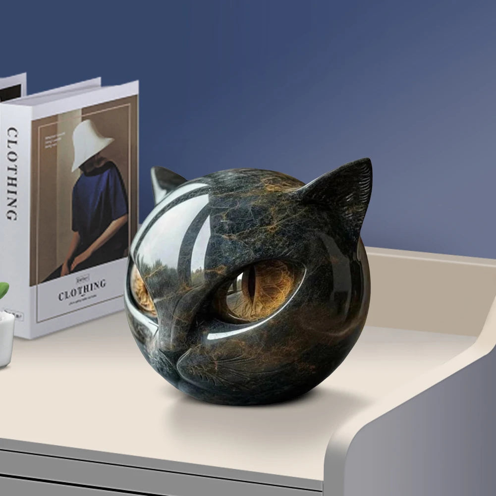 Black Cat Figurine Resin Cat Head Healing Stone Marble Texture Cat Stone Resin Cat Sculpture Ornament Cat Sculpture Craft Decor
