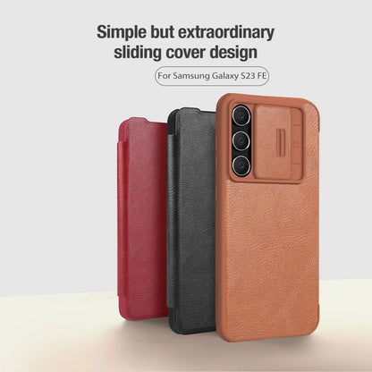 Luxury Flip QIN Pro Leather Case For Samsung Galaxy S23 FE Shockproof Camera Slider Protection Cover With Card Holder