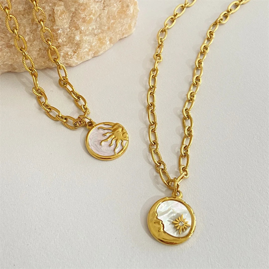 Vintage Sun and Moon Pendants Necklace White Shell Round Coin Stainless Steel Chain Necklaces