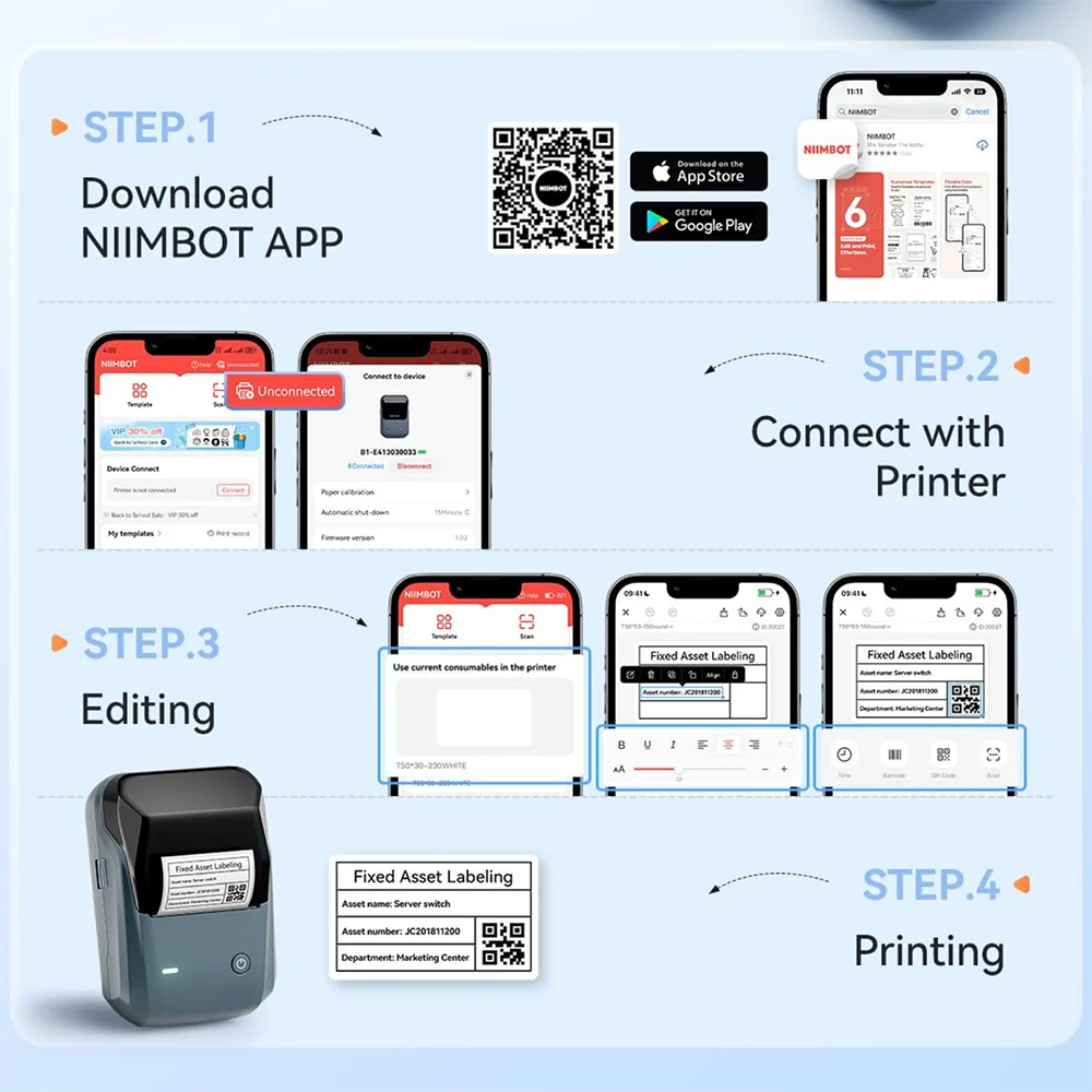 B1 Portable Thermal Label Printer 2 Inch, Bluetooth Mini Sticker Maker, Wireless Inkless Label Printer for Smartphone & PC