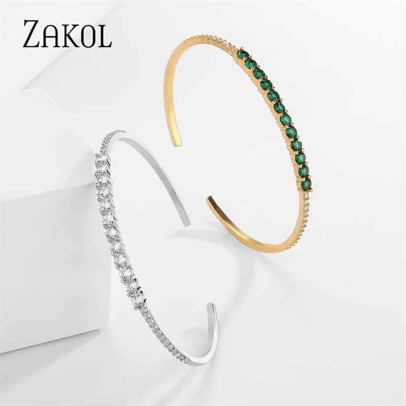 Green Zircon Cuff Bangles Bracelet for Women Oval Cubic Zirconia Gold Color Bracelets