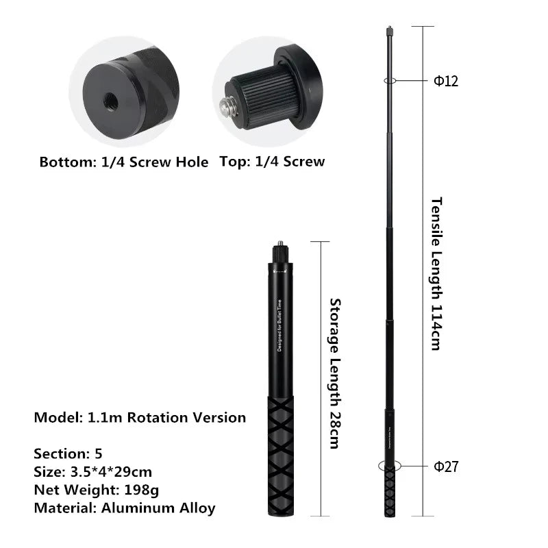 Bullet Time Invisible Selfie Stick for 360 Action Cameras and Sports Cameras