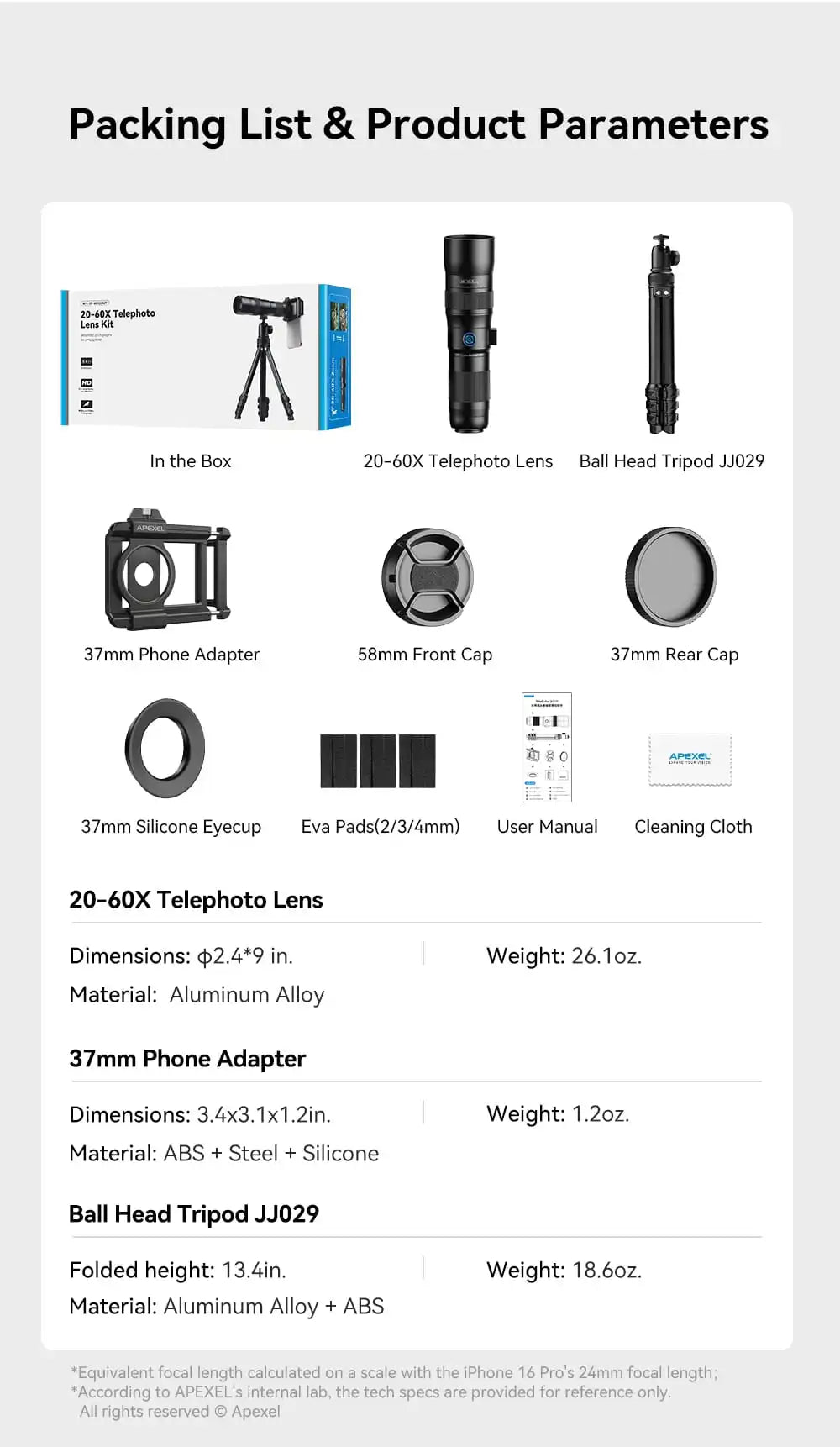 20X to 60X Mobile Phone Telephoto Zoom Lens with Metal Tripod