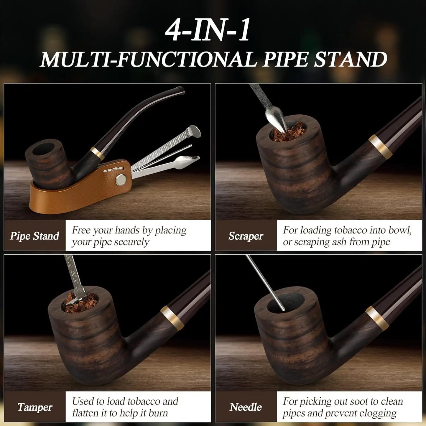 Handmade Pipe, Ebony Wood Pipe Kit with Replaceable Long Pipe Stem,4-in-1 Pipe Stand Holder, Pipe Gift Box