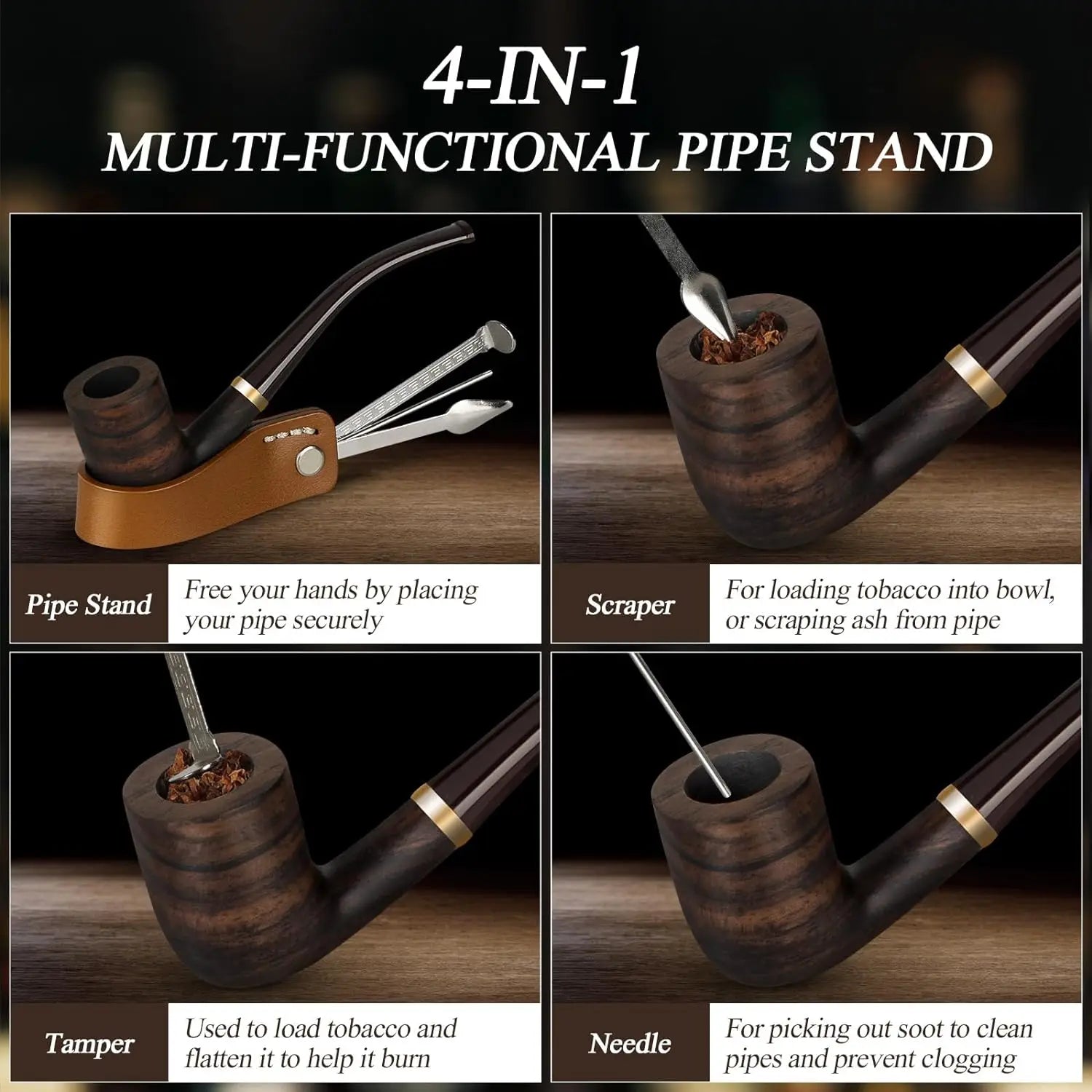 Handmade Smoking Pipe,Ebony Wood Pipe Kit with Replaceable Long Pipe Stem,4-in-1 Pipe Stand Holder,Smoking Pipe Gift Box
