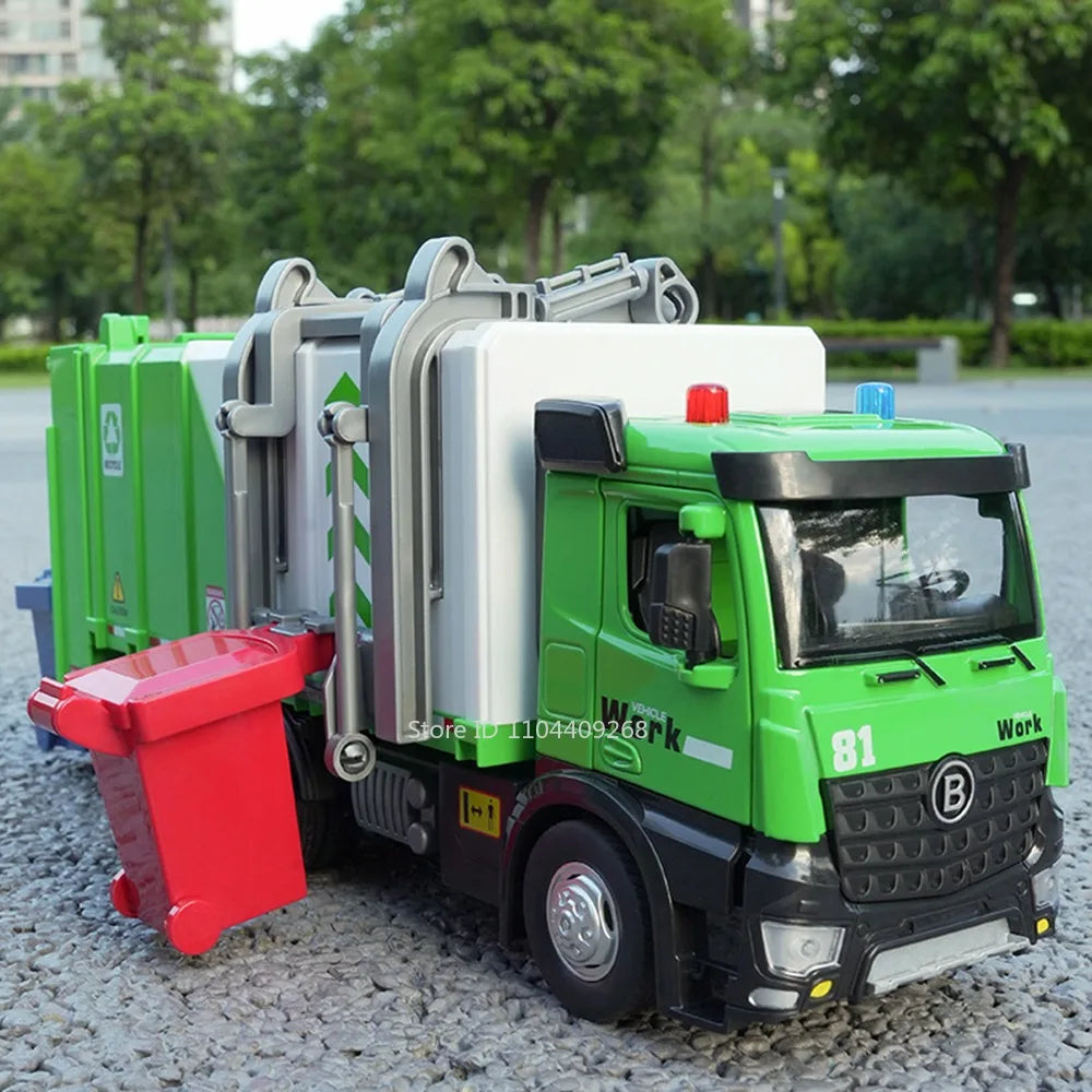 1:24 Pneumatic Garbage Car Electric Mixer Truck Toy Model Alloy Diecast Sound Light Engineering Vehicle Desktop Ornaments
