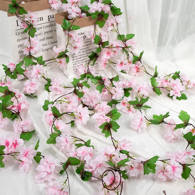 Artificial Hanging Flowers Garland Cherry Blossom Fake Plants Vines for Outdoor Home Wall DIY Wreaths Wedding Arch Garden Decor