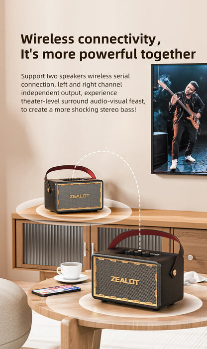 ZEALOT-MT01 Retro Wooden Portable Wireless Speaker with TF Card Slot, Loud Bass Subwoofer, TWS Bluetooth Speaker, 24000mAh, 60W