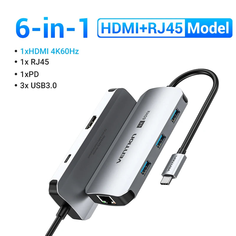 USB C HUB HDMI 4K60Hz RJ45 PD 100W USB Splitter Adapter USB 3.0 HUB For iPhone 15 Macbook Air Pro iPad Samsung Laptop PC