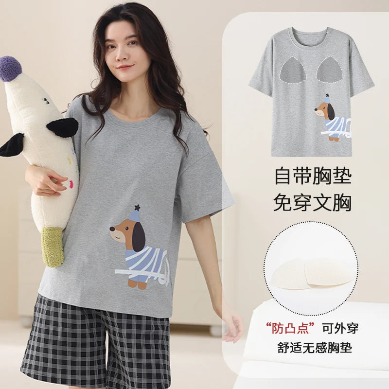 2-Pcs Women’s Cotton Pajama Set – Breathable Short Sleeve Summer Sleepwear with Cute Prints