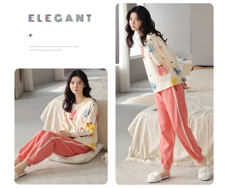 Women’s Cute Lazy Style Cotton Pajama Set – Soft, Loose Long Sleeves & Pants