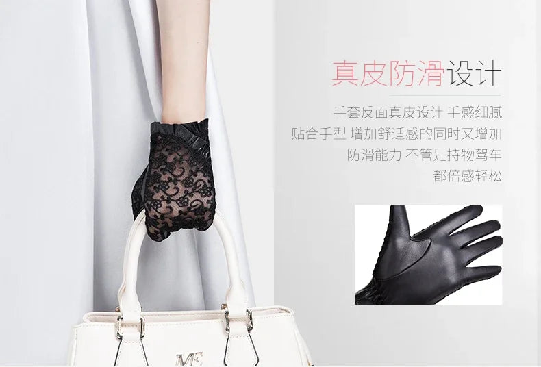 Summer Women Genuine Black Leather Gloves Ladies Elegant Gloves Women's Black Driving Gloves Anti-UV Touch Screen Lace Mittens